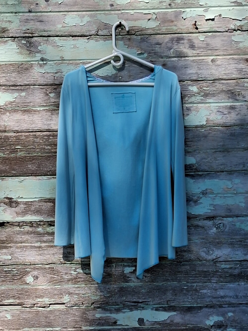Green Apple Women's S Blue Organic Knit Open-Front Cowl Neck Cardigan Sweater